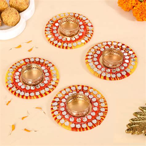 Tealight Candle Holders With Thread And Mirrorwork Set Of 4 Online ...