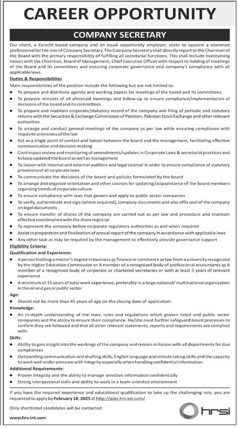 Company Secretary Jobs 2025 in Karachi 2026 Job Advertisement Pakistan