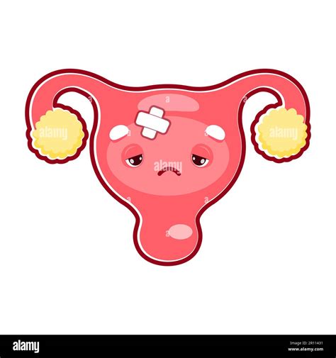 Cartoon sick uterus organ character with medical patch, woman health and anatomy, isolated ...