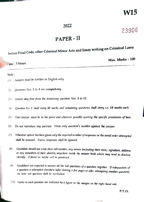 App paper - W 2022 23906 PAPER-II Indian Penal Code, other Criminal ...
