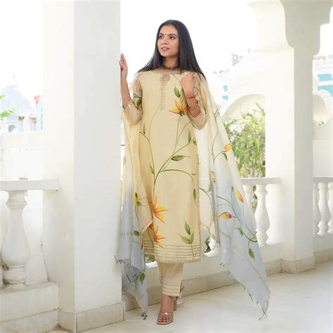 Beige Hand Painted Straight Suit Set