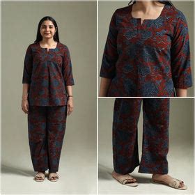 Maroon Pure Cotton Natural Dyed Ajrakh Hand Block Print Night Suit Set