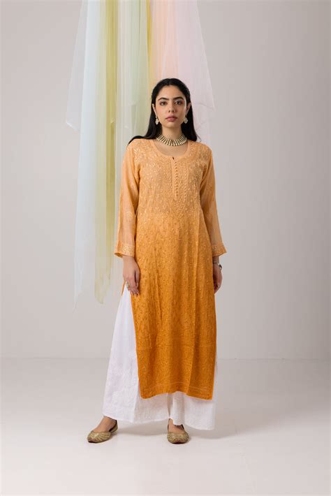 Vibrant Pumpkin Orange Ombre Chikankari Mul Chanderi Kurti – House Of Awadh