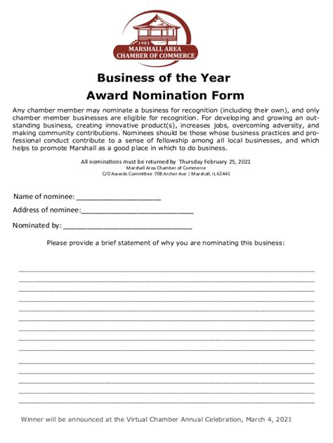 Fillable Online Business of the Year Award Nomination Form Fax Email ...