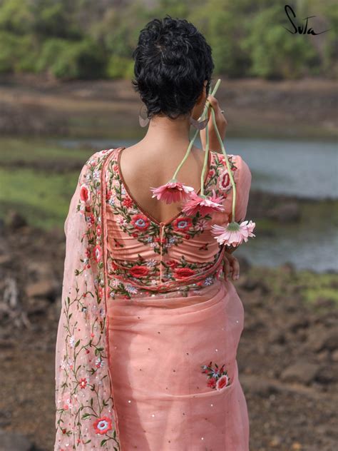 Silk Organza Peach Designer Blouse|Misty Moonrise|Suta