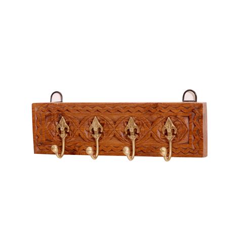 Solid wood carved 4 Brass fitted wall hanging hook