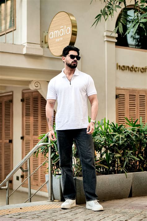 White Self Design Zipper Polo Collar T-Shirt – Gritstones