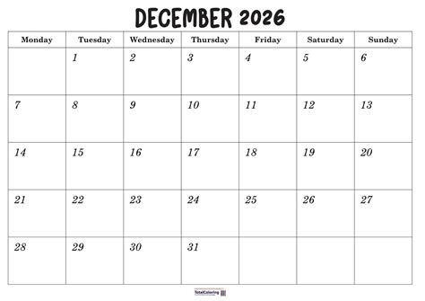 Printable December 2026 calendar - TotalColoring.com