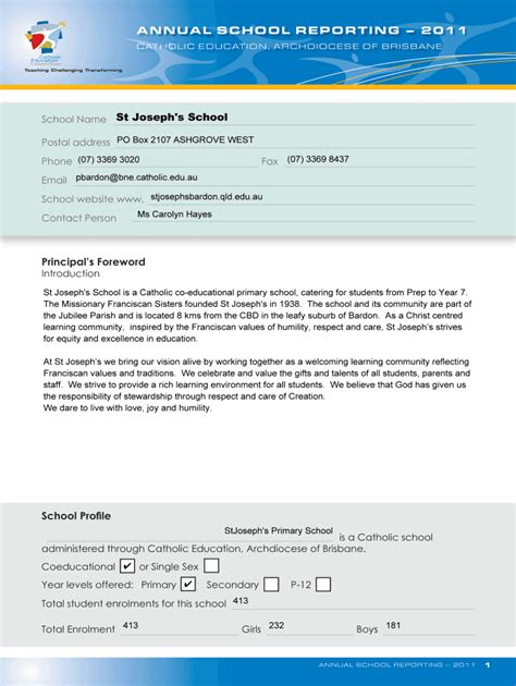 Fillable Online stjosephsbardon qld edu School Name St Joseph's School ...