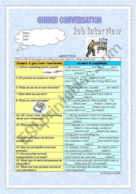 Job Interview Conversation Worksheet 的图像结果