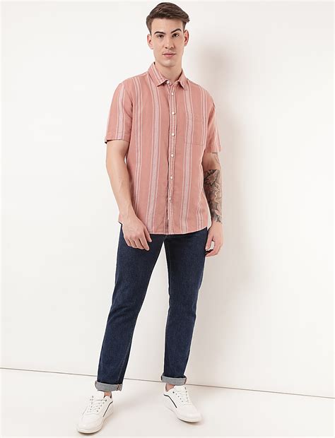 Linen Mix Striped Spread Collar Shirt