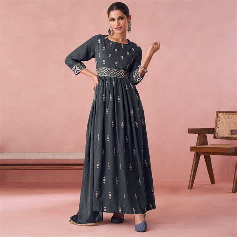 Grey Floral Sequins Embroidered Muslin Gown