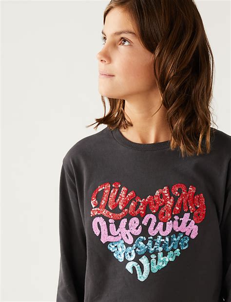 Buy Pure Cotton Sequin Slogan Top at Marks & Spencer