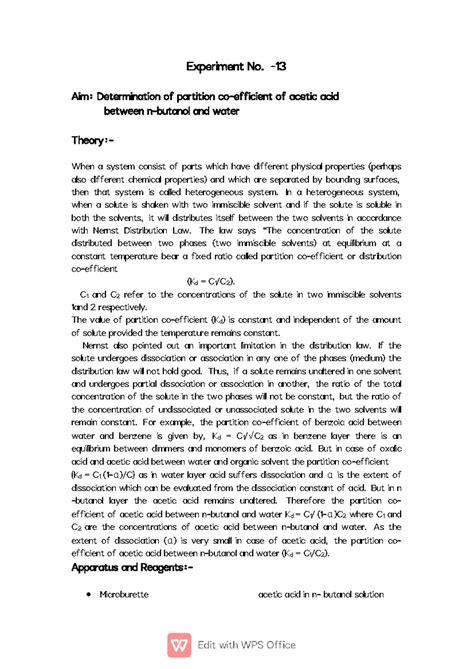 Experiment No. 13: Determination of Partition Coefficient K/C2 - Studocu