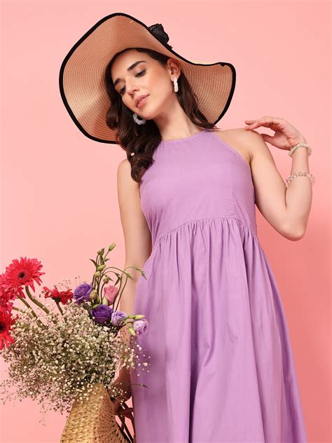 Lilac Halter Neck Smocked Back Cotton Maxi Dress | Women’s Trendy ...