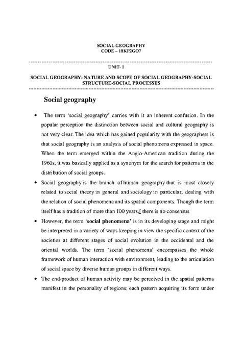SOCIAL GEOGRAPHY CODE 18KP2GO7: NATURE & SCOPE OF SOCIAL PROCESSES ...