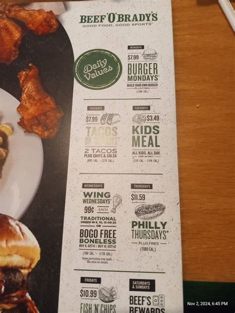 Menu at Beef 'O' Brady's pub & bar, Lake Wales