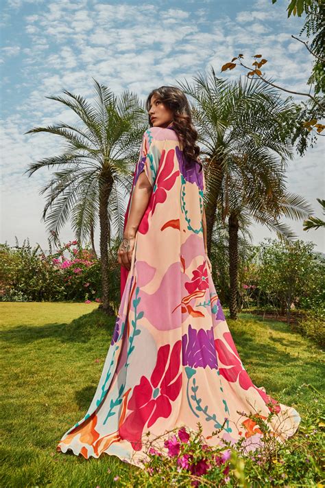 Foral Printed Cape Paired with Cerise Pink Bias Dress – Babita M