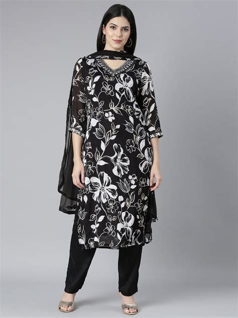 Neerus Black Floral Printed Crepe Straight Kurta Set - Kurta + Trouser ...