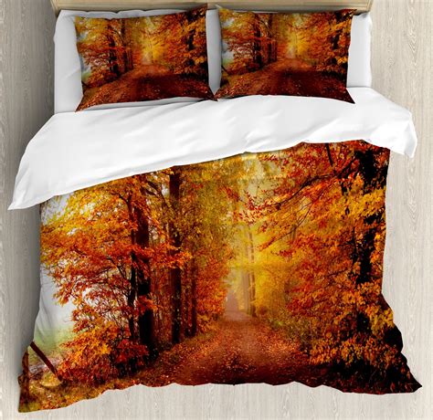 Fall Duvet Cover Set, Footpath in Foggy Woods Peaceful September Serene ...