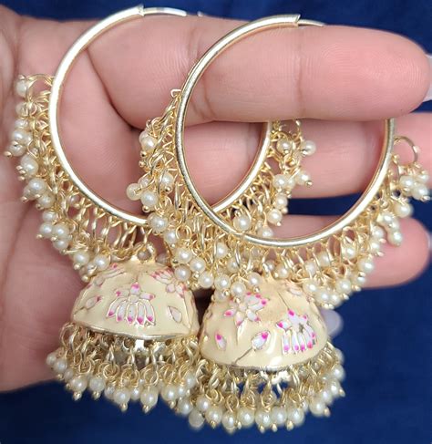 Bliss Meenakari-Pearl Enameled jhumka Earrings with BaliColour: White ...