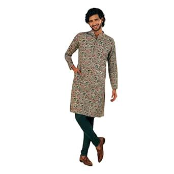 Buy KISAH Men's Kurta Churidar Set, Olive Cotton Blend, Printed Regular ...