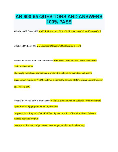 AR 600-55 QUESTIONS AND ANSWERS 100% PASS | Exams Military Strategy and ...