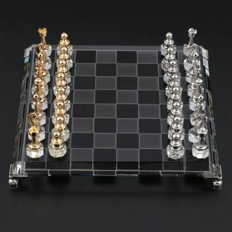 24K Gold Plate, Silver Plate and Crystal Chess Set Crystal Chess Board ...