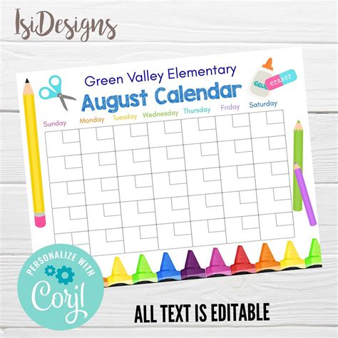 August Editable Calendar, Instant Download, August Schedule, PTO PTA ...