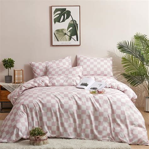Amazon.com: KAREVER Pink Grid Comforter Set Queen Pink Plaid Bedding ...