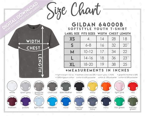 Semi-editable Gildan 64000B Size Chart Color Chart Gildan Softstyle ...
