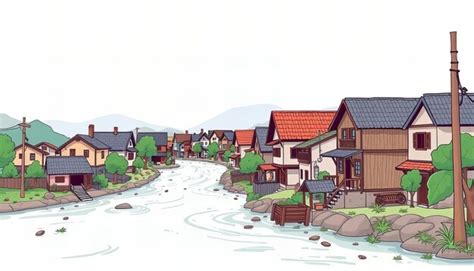 Cartoon illustration of a small town with a river running through it ...