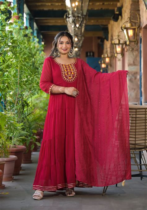 Red Georgette Embroidered Anarkali with Dupatta Set (Plus Size) – Loomista