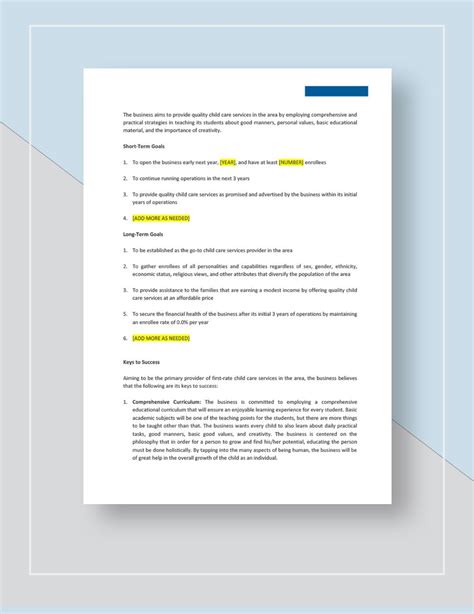 Child Care Business Plan Template 的图像结果