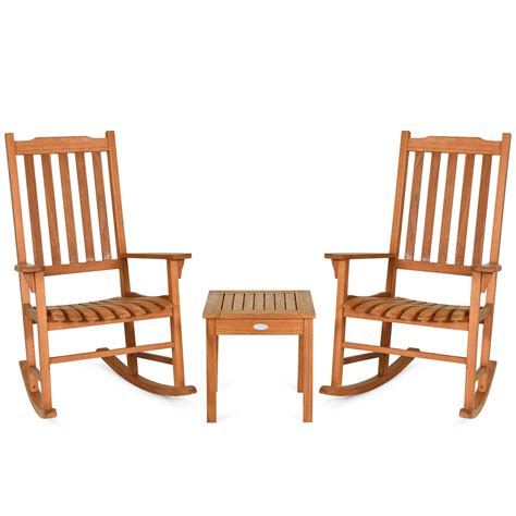 Patiojoy 3 Piece Eucalyptus Wood Rocking Chair Set with Table, Suitable ...