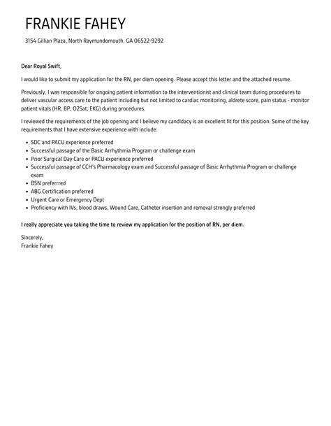 RN, Per Diem Cover Letter | Velvet Jobs