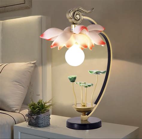 Pink lily shaped table lamp korean garden opal glass single bedroom ...