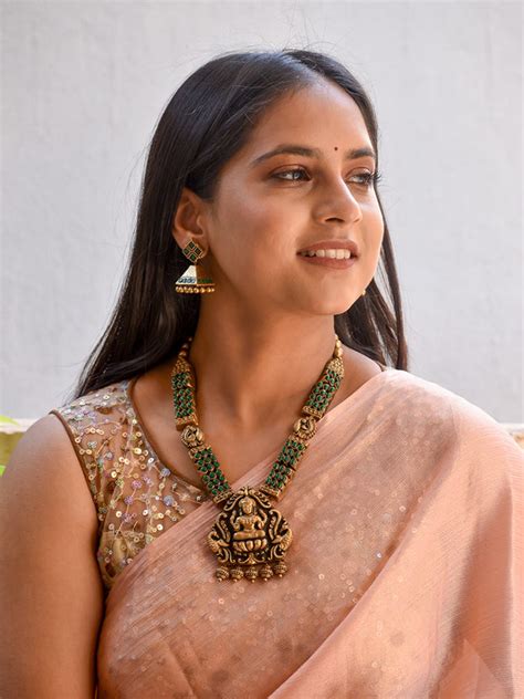 Beautifully Handmade Green & Antique Gold Lakshmi Pendant Terracotta J ...