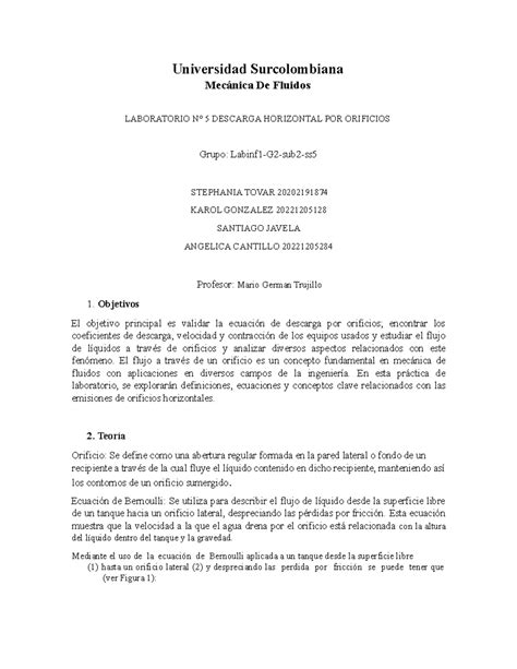 Laboratorio 5: Estudio de Descarga Horizontal por Orificios - Mecánica ...