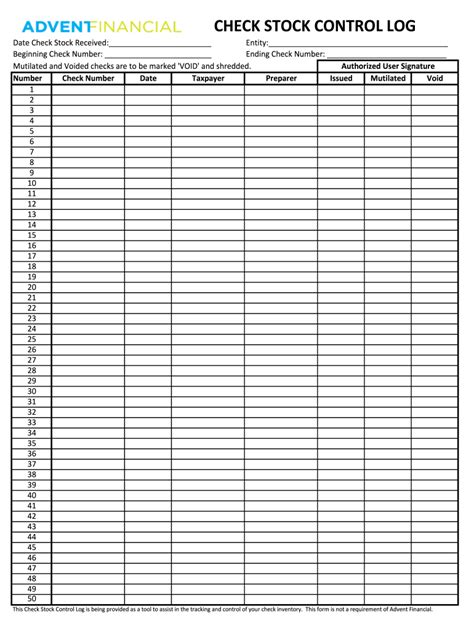 Advent Financial Check Stock Control Log Form - Fill Online, Printable ...