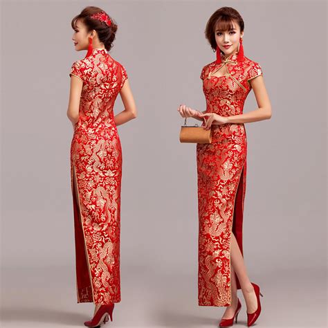 Lucky gold dragon brocade long qipao Chinese red mandarin collar high ...