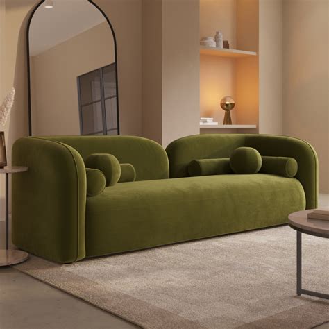 Olive Green Velvet Curved 3 Seater Cloud Sofa - Elma - Furniture123