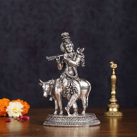 Buy Superfine brass Silver plated Intricate Krishna with Cow Statue - 7 ...
