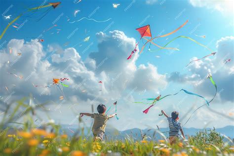 Premium Photo | Joyful children flying kites on windy days