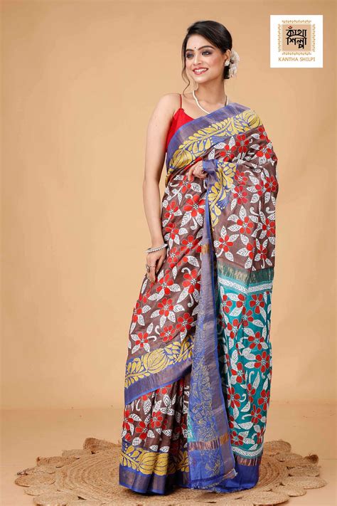 Zori Border Pure Dye Tussar Kantha Stitch Saree – Kantha Shilpi