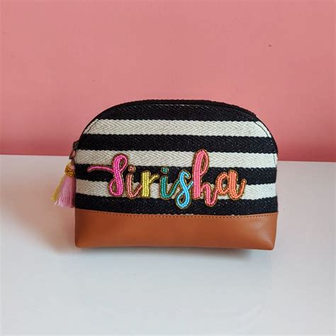 Black & White Personalized Name Pouch with Tan Base | Custom Travel ...