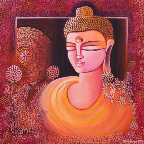 "Buddha An Awakened Soul": Orange Red Acrylic Painting by NITU CHHAJER ...