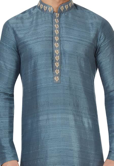 Buy Blue Kurta Raw Pant Spun Embroidered And Set For Men by SVA by ...