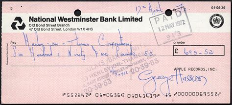 Lot Detail - George Harrison Signed Apple Records Check