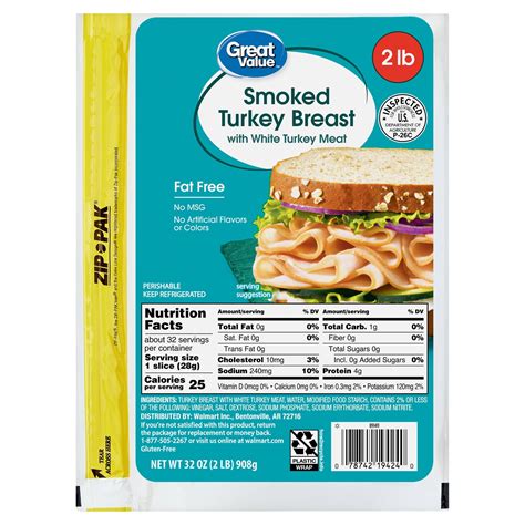Great Value, Fat Free, Smoked Turkey Breast, 32 oz Bag, Deli - Sliced ...